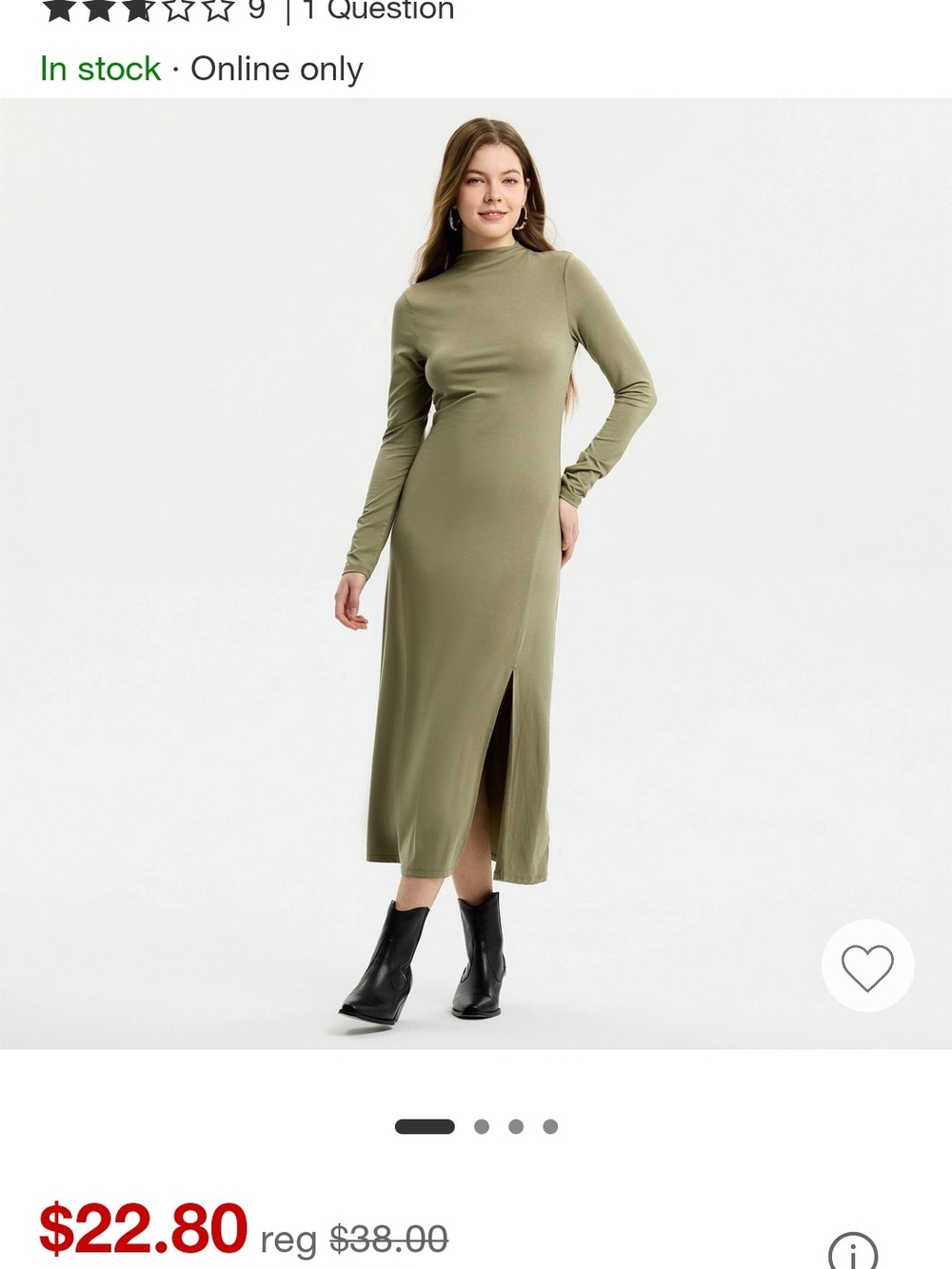 A New Day Olive Green Long Sleeve Mock Neck Midi Dress, Size Xl